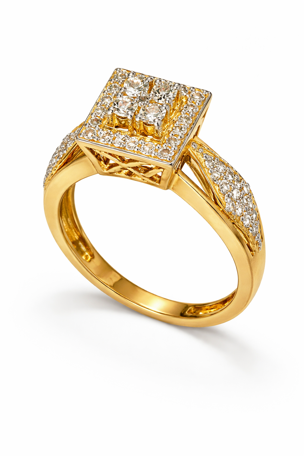 Fawaz Jewellers 21K Gold Diamond Square Halo Ring – 0.59ct Pavé Diamonds | Cluster Statement Design