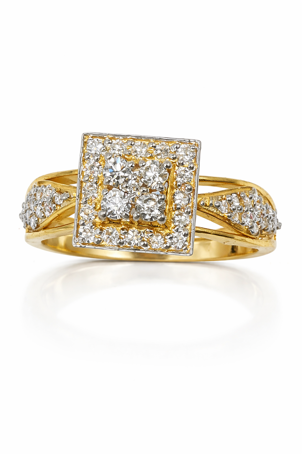 Fawaz Jewellers 21K Gold Diamond Square Halo Ring – 0.59ct Pavé Diamonds | Cluster Statement Design
