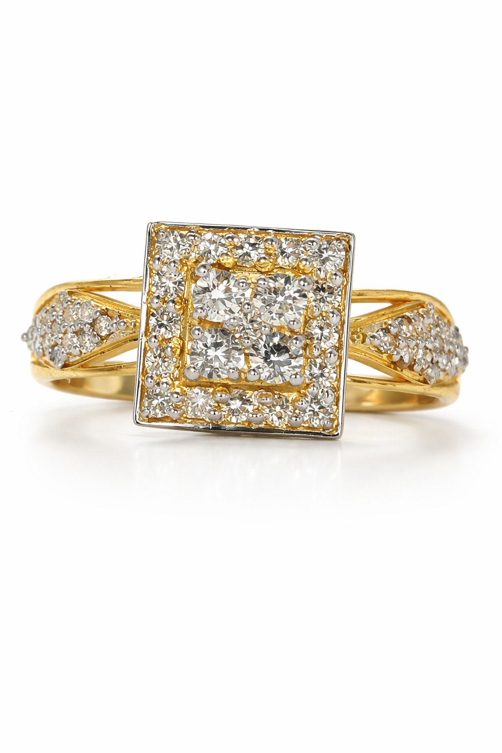 Fawaz Jewellers 21K Gold Diamond Square Halo Ring – 0.59ct Pavé Diamonds | Cluster Statement Design