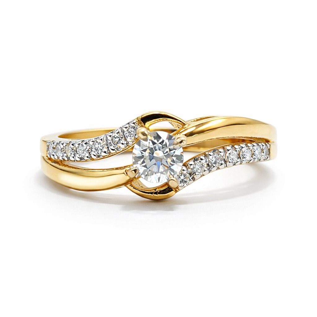 Fawaz Jewellers 21K Gold Diamond Ring – 0.26ct Center Stone with 0.15ct Pavé Diamonds | Elegant Twist Design