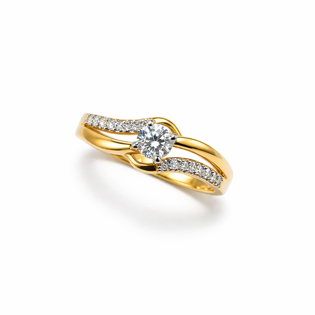 Fawaz Jewellers 21K Gold Diamond Ring – 0.26ct Center Stone with 0.15ct Pavé Diamonds | Elegant Twist Design