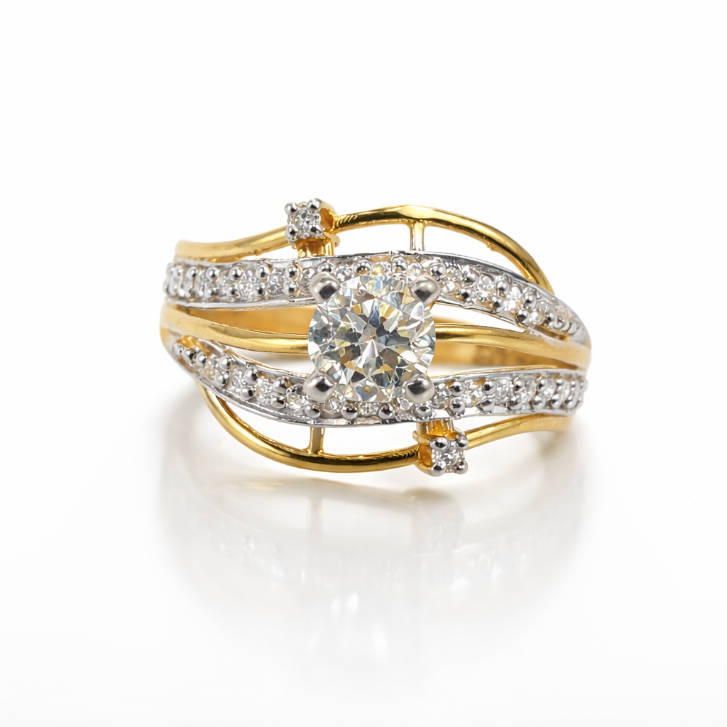 Fawaz Jewellers 21K Gold Diamond Ring – 0.65ct Center Stone with 0.29ct Pavé Diamonds | Luxury Multi-Band Design