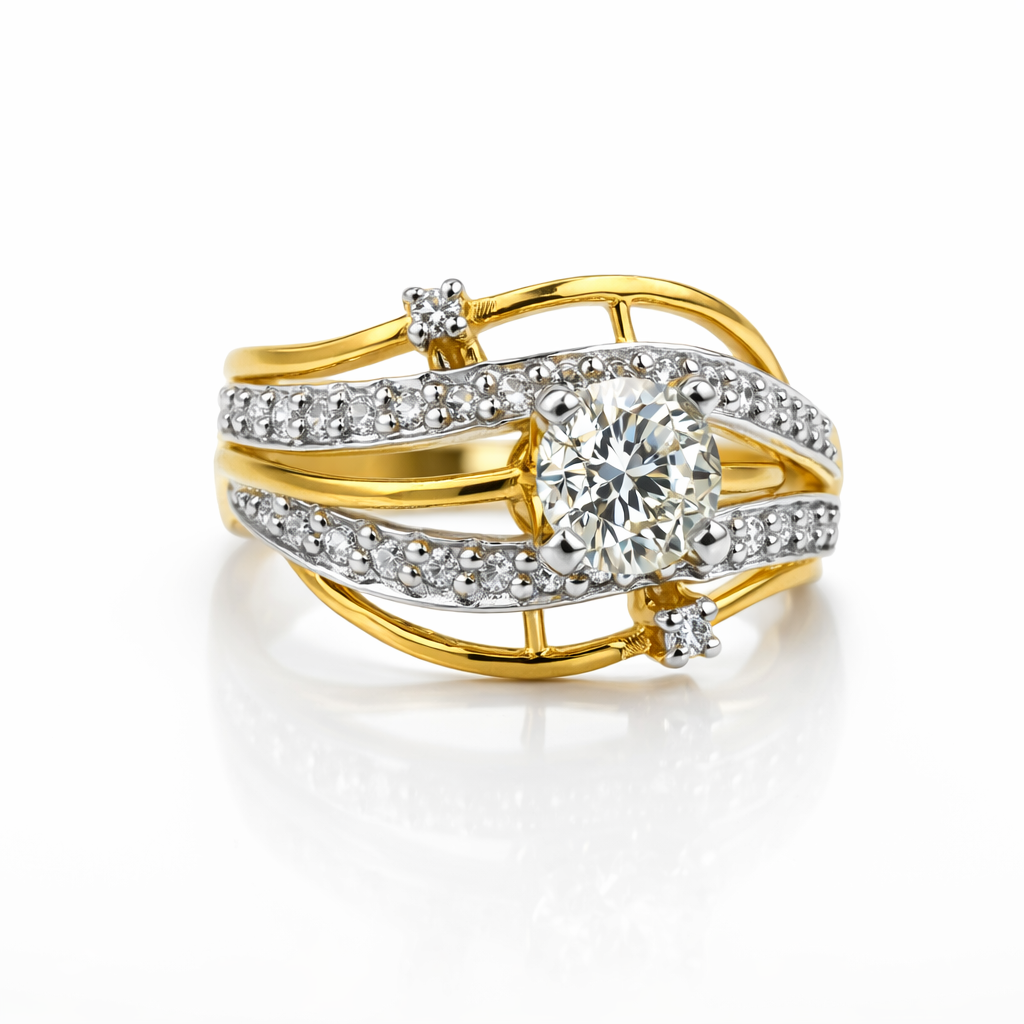 Fawaz Jewellers 21K Gold Diamond Ring – 0.65ct Center Stone with 0.29ct Pavé Diamonds | Luxury Multi-Band Design