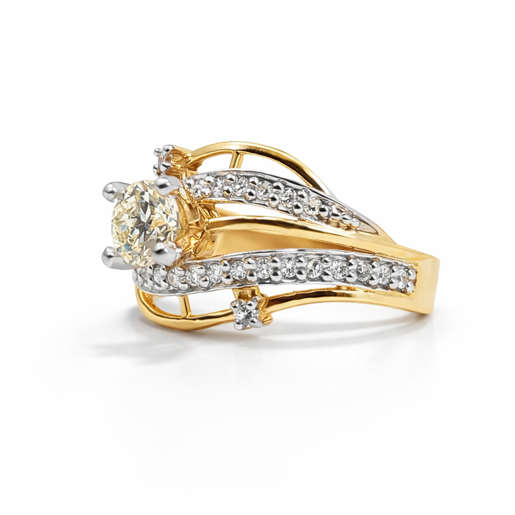 Fawaz Jewellers 21K Gold Diamond Ring – 0.65ct Center Stone with 0.29ct Pavé Diamonds | Luxury Multi-Band Design