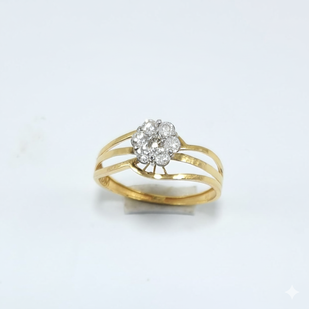 FJ 21K Gold Floral Diamond Cluster Ring – Elegant Brilliant Cut Design 💛✨