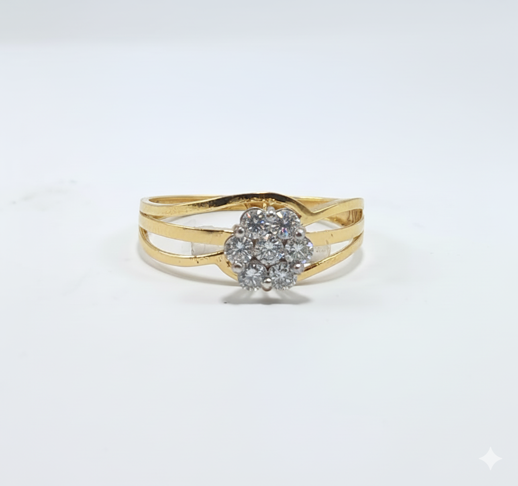 FJ 21K Gold Floral Diamond Cluster Ring – Elegant Brilliant Cut Design 💛✨