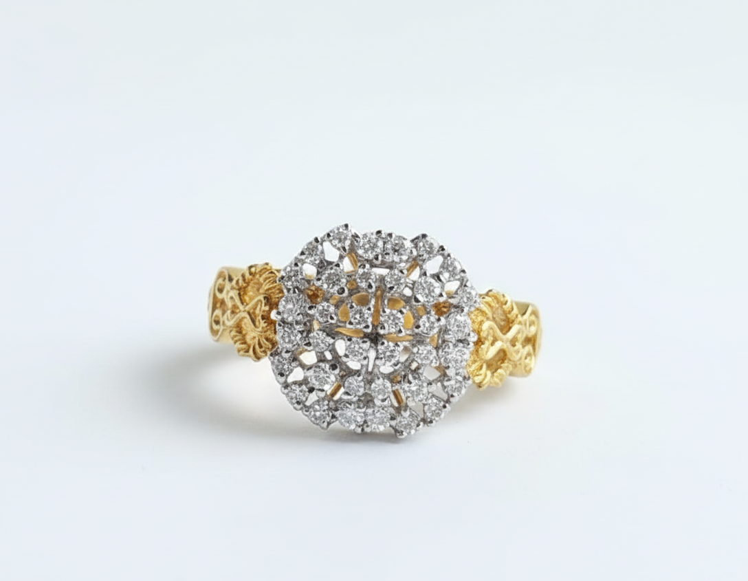 **FJ 21K Gold Diamond Halo Cluster Ring – Elegant Round Brilliant Cut Design** ✨💛