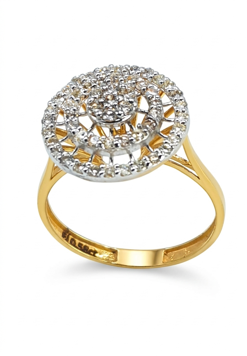 Fawaz Jewellers 21K Gold Diamond Halo Ring – 0.58ct Pavé Diamonds | Double Circle Statement Design