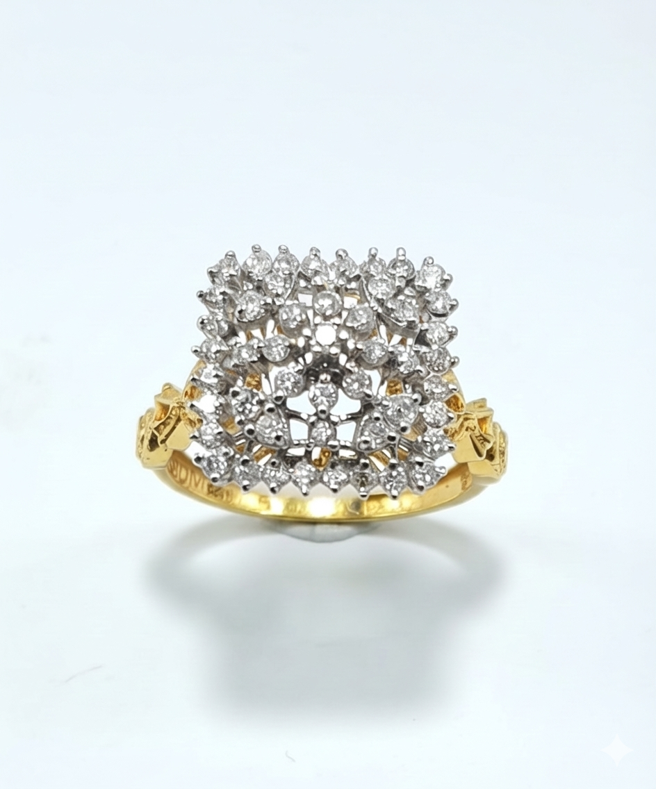 FJ 21K Gold Square Diamond Cluster Ring – 0.68 CT Brilliant Cut
