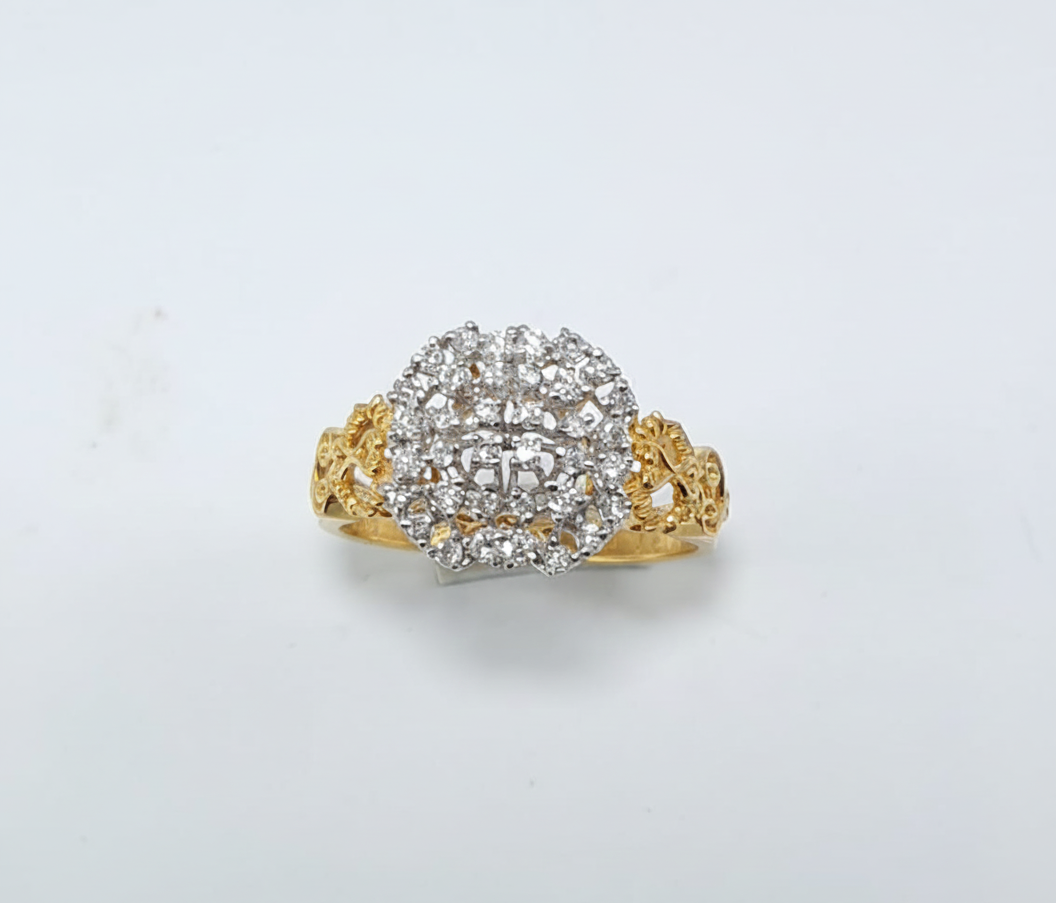 **FJ 21K Gold Diamond Halo Cluster Ring – Elegant Round Brilliant Cut Design** ✨💛