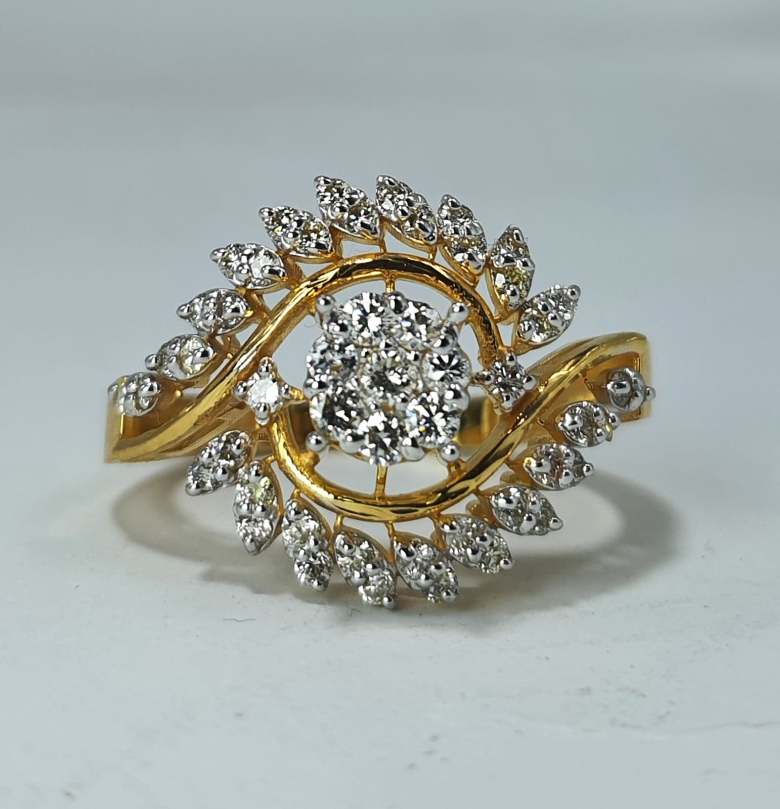Fawaz Jewellers 21K Gold Diamond Leaf Halo Ring – 0.62ct Pavé Diamonds | Nature-Inspired Cluster Design