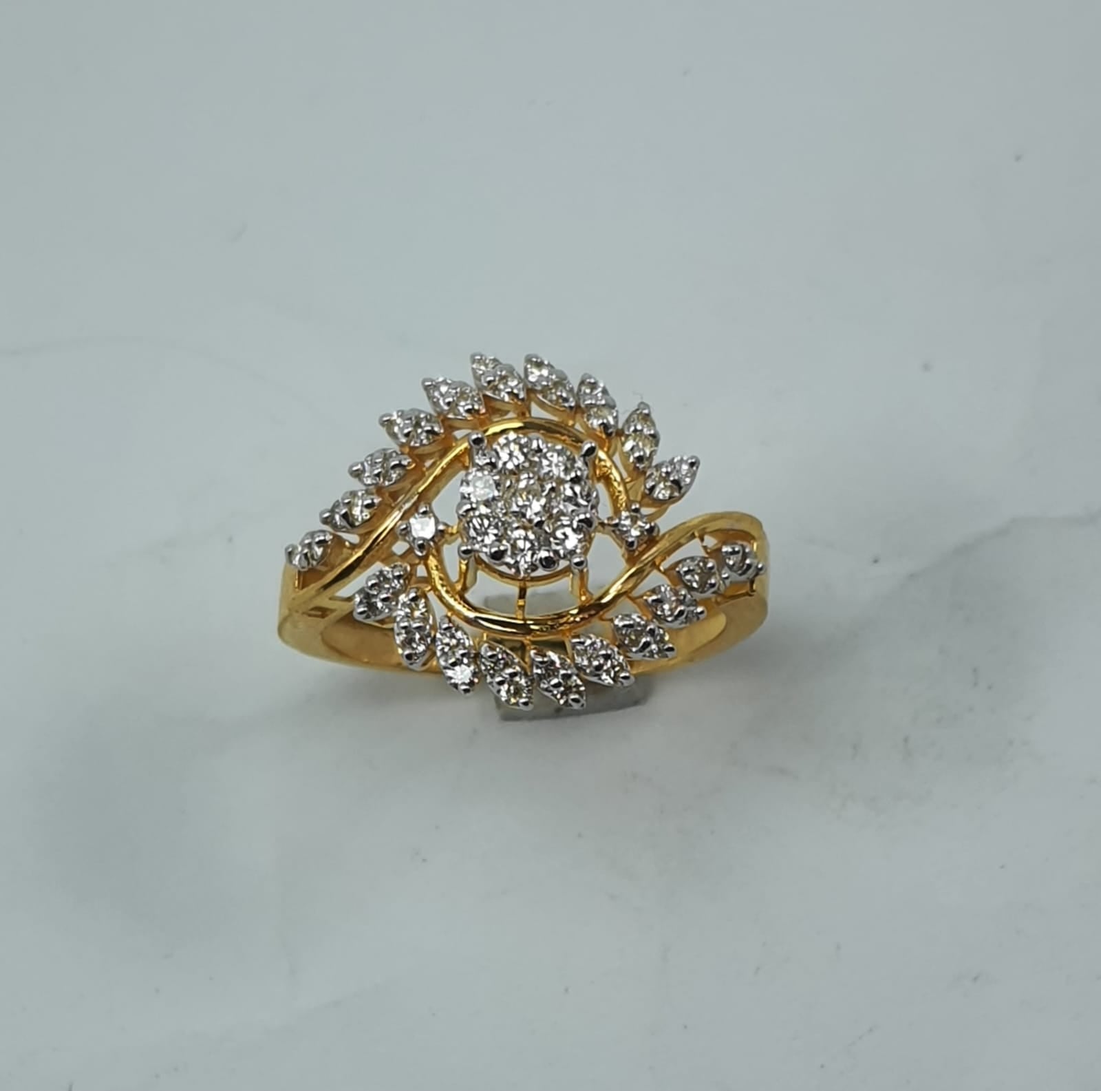 Fawaz Jewellers 21K Gold Diamond Leaf Halo Ring – 0.62ct Pavé Diamonds | Nature-Inspired Cluster Design