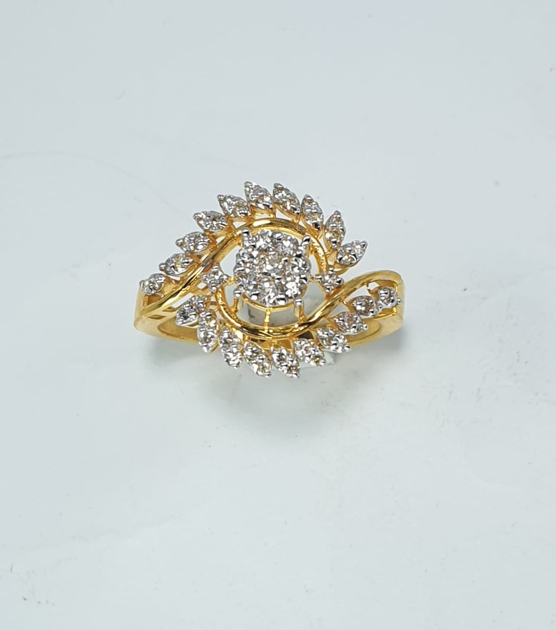 Fawaz Jewellers 21K Gold Diamond Leaf Halo Ring – 0.62ct Pavé Diamonds | Nature-Inspired Cluster Design