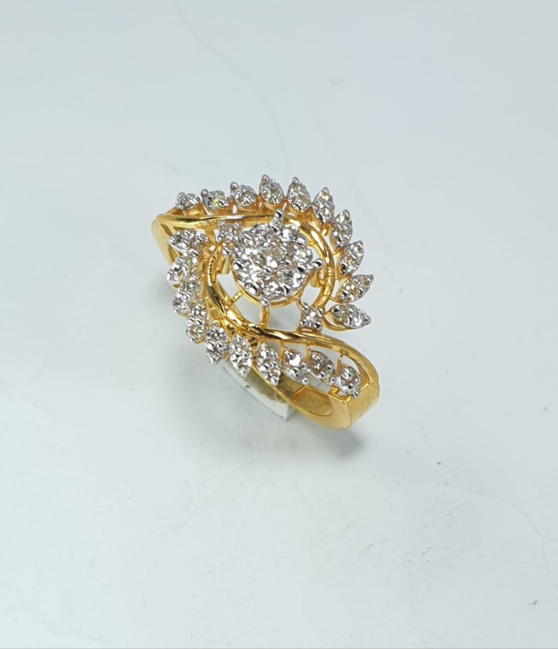 Fawaz Jewellers 21K Gold Diamond Leaf Halo Ring – 0.62ct Pavé Diamonds | Nature-Inspired Cluster Design