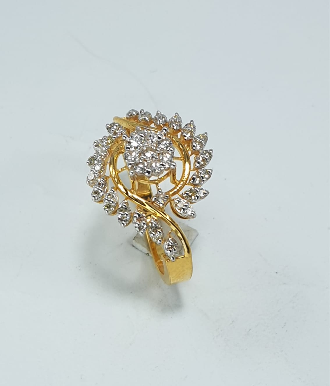 Fawaz Jewellers 21K Gold Diamond Leaf Halo Ring – 0.62ct Pavé Diamonds | Nature-Inspired Cluster Design